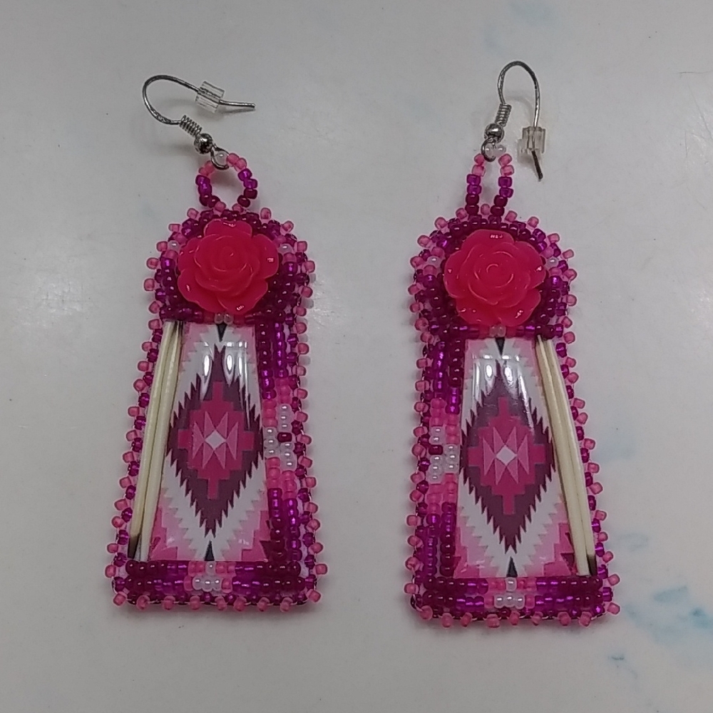 Pink and White Geometric Native American Earrings with Tasseled Texture